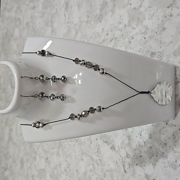 Jewelry - Black Corded Necklace with Clear, Black & Silver Beads/Pendant & Earring Set